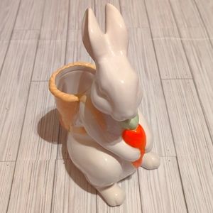 Rae Dunn White Ceramic "Hippity Hop" Rabbit Bunny Basket Spring Planter Figurine
